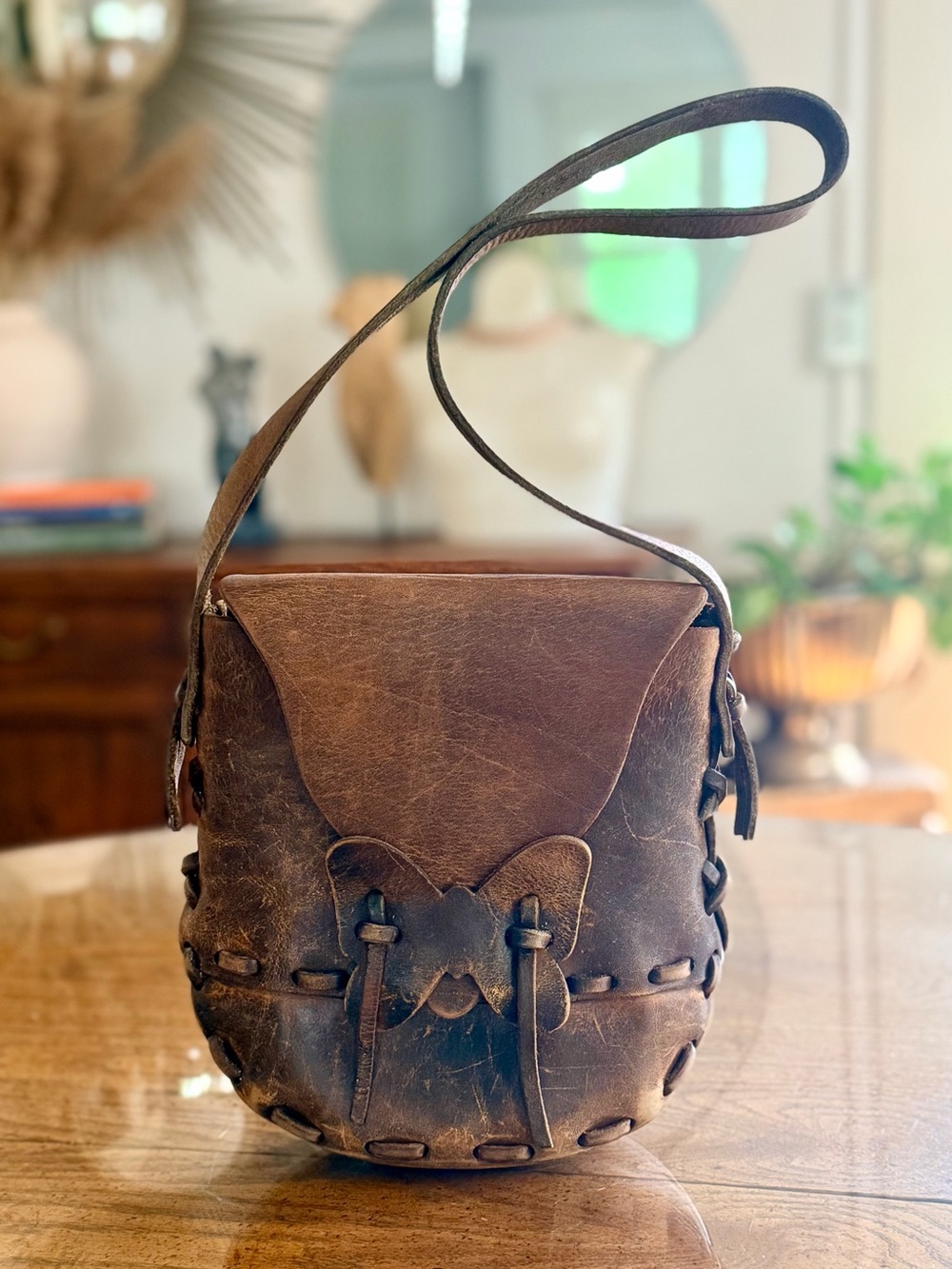 Vintage Handmade Leather Butterfly Bag | 1960 / 1970 Boho Festival Purse